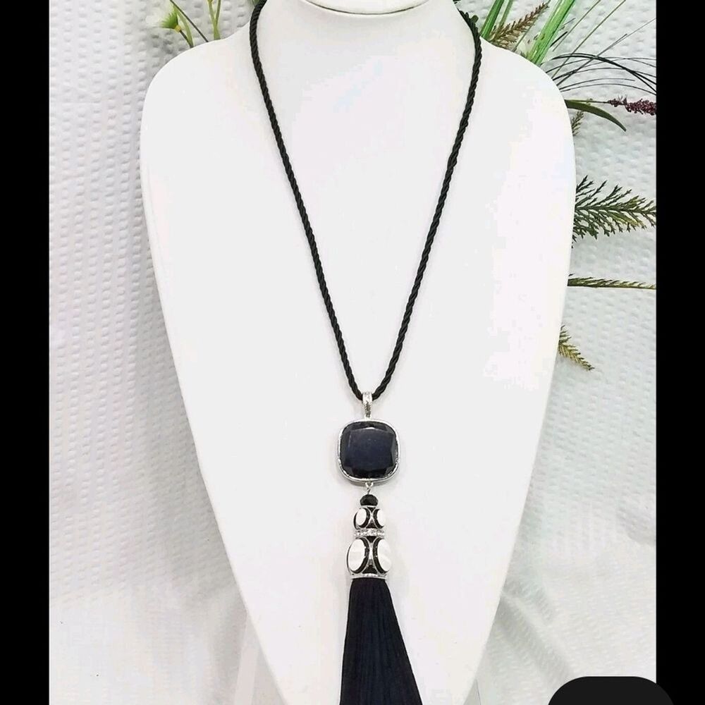 New! Signed C1946 Black Fringe Beige MOP & Crystal Pendant Black Cord Necklace